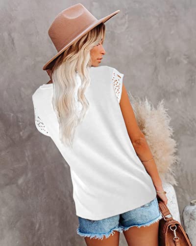 Etcyy Cap Sleeve T Shirts For Women Crew Neck Floral Summer Tops Loose Fit Lace V Neck T Shirts Blouses #TOP29