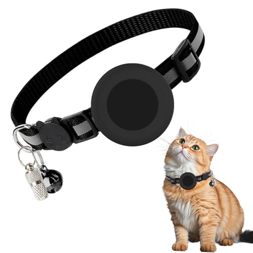 Collar de Gatos para Airtag, Collar para Gato Airtag Ajustable con Cierre de Seguridad y Elástico con Soporte de Airtag excluyendo GPS Apple AirTag(Negro, Ajustable hasta 32 cm)