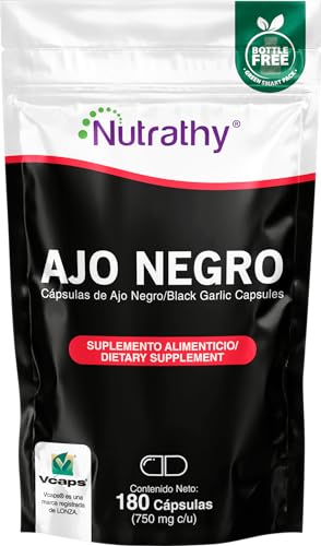 Vitamínicos, Nutrathy Ajo Negro 180 CÁPSULAS. 750mg cada una. Solo 1 Cápsula al día. 180 Porciones por envase. Cápsulas de origen vegetal. Bottle Free.