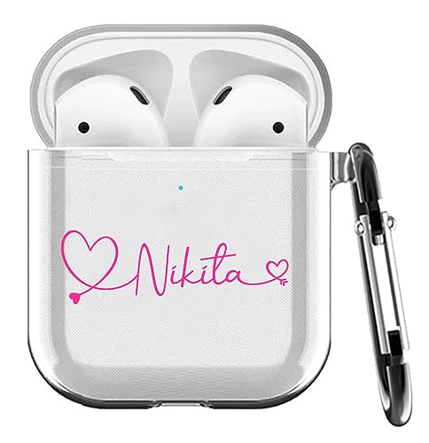 Image of MITZVAH Custom Name Personalised Airpod 2 Case for Airpods 1st and Airpod 2nd Generation Case Cover, Customized Airpods 2 Transparent case with Keychain (Heart Before Name-Pink)