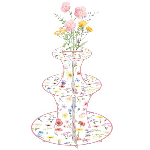 Wildflower Cupcake Stand Spring Wildflower Birthday Party Decorations Wildflower Cupcake Holder 3 Tiers Floral Dessert Towers for Flower Theme Baby Shower Supplies