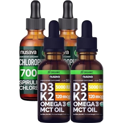 NUSAVA Unflavored D3 K2 Drops and Chlorophyll Liquid Drops Bundle - Potent Liquid Vitamins for Heart, Joint, Energy, & Immune Support - Non-GMO, Gluten-Free, 2pk Each Cover