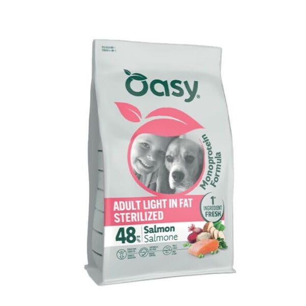 Oasy Cane Adult Light in Fat Sterilised Salmone 10kg, alimento completo per cani adulti di tutte le taglie in sovrappeso o sterilizzati gusto SALMONE,10kg.