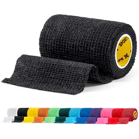 SPORTTAPE Self-Adhesive Football Sock Tape | 7.5cm x 4.5m - Black | Cohesive Bandage - Pet Bandage, Vet Wrap for Dogs, Horses | Compression Bandage, Shin Pad Tape, Football Ankle Tape - Single Roll Cover
