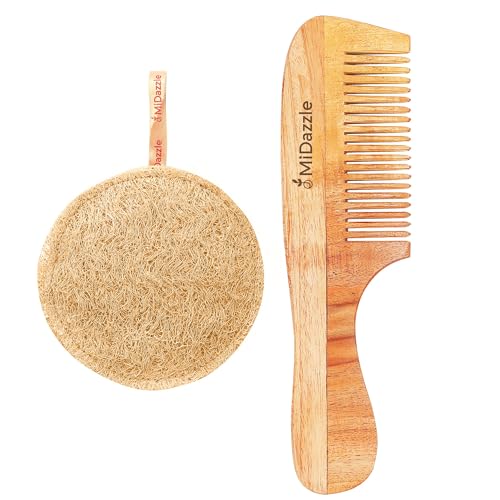 Image of Midazzle Bathing Loofah Round with Neem Wood Handle Comb, Fine Tooth Detangling, Set of 2