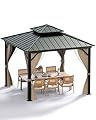 Hardtop Gazebo 10'x10' for All Weather, with Double Metal Roof, Aluminum Alloy Frame, and Net and Curtain, Permanent Building of Backyard Luxury for Patio, Deck, Backyard, Lawn, and Garden, Khaki