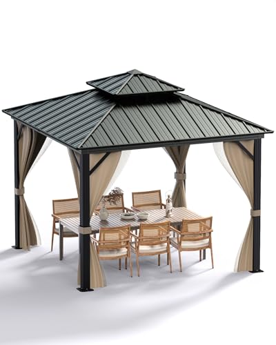 VORTEXTOVE 10 x 10 ft Hardtop Gazebo Double Galvanized Roof Aluminum Frame with Netting and Curtains for Backyard Pario and Lawn