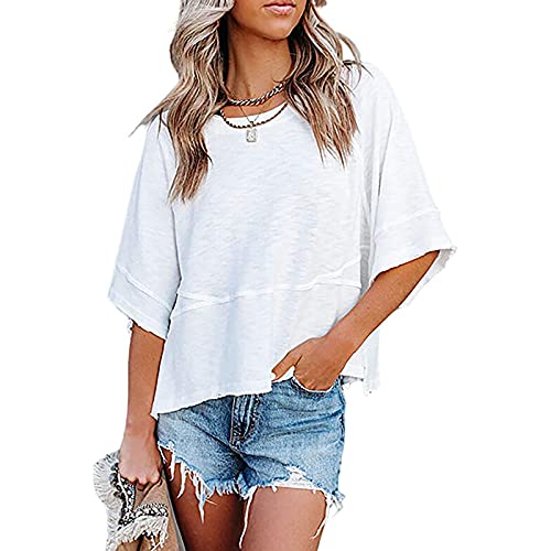 Camisetas Manga Corta Mujer Cuello Crew Casual Camiseta Mujer Loose Fit Sólido Top Básica Verano T-Shirt