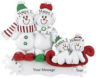 Personalised Snowman Sleed Family of 2-3-4-5 Christmas Ornament, Handmade Snowman Sleed Family Ornament, Christmas Tree Decoration Snowman Sleed Ornament (Family of 4)