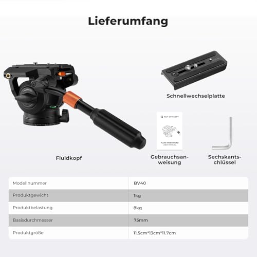 K&F CONCEPT BV40 Leichtgewicht Fluid Videokopf, seidenweiche und stabile Stativkopfhalterung, kompatibel mit DSLRs, Filmkameras usw., maximale Tragkraft 8kg, Stativkopf für 360° Panorama