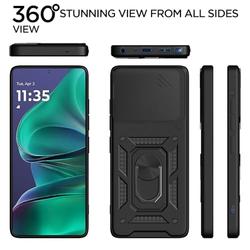Image of Pikkme Back Cover for Motorola Moto Edge 60 Stylus 5G | 360 Protection Case | Sliding Camera Shield Cover & Ring Holder Stand D10 Tough Armor Bumper Case (Black)