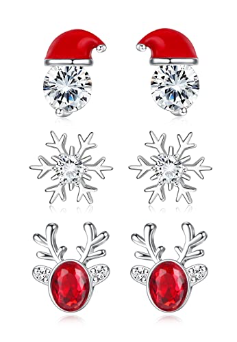 Finrezio 3 Pairs Silver Stud Earrings - Hypoallergenic Snowflake & Reindeer Christmas Hat Designs for Women & Girls - Xmas & Birthday Gift