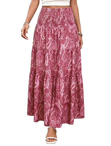 Women’s Summer Boho Maxi Skirts Bohemian Print Smocked High Wasited Flowy Tiered Ruffle Long Beach Skirt Red XL