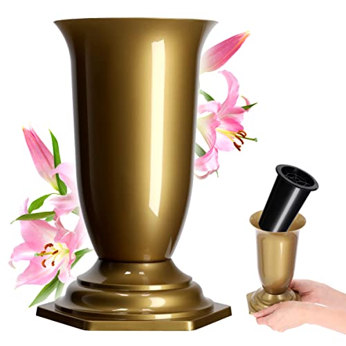 KADAX Vase Funéraire en Plastique pour Fleurs, Résistant aux Intempéries et au Gel, pour Cimetière et Tombe (13 cm, Doré)