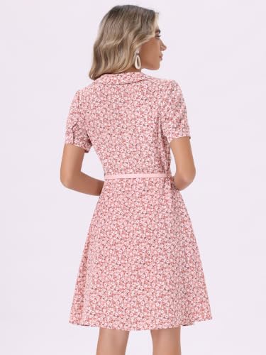 Image of Allegra K Women's Peter Pan Collar Tie Neck Short Sleeves A-Line Elegant Belted Vintage Floral Dress