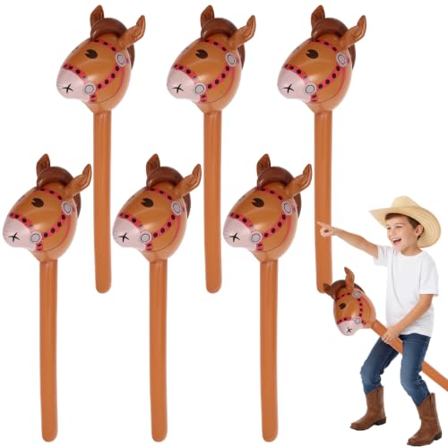 6 Pcs Inflatable Horse Head Balloons 37 Inch Brown Inflatable Horse Stick Balloons Pony Stick Blow up Balloon for Western Cowboy Baby Shower Birthday Party Decorations (Brown-6 Pcs)