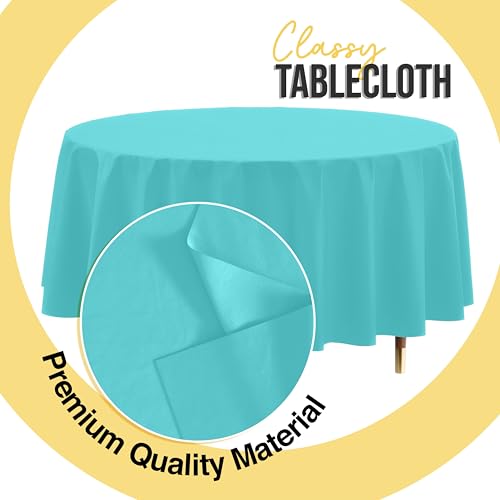 Image of Exquisite 66% Thicker Premium Aqua Round Tablecloth 0.5 Mil 24 Pack Plastic Table Cloth Disposable 84 Inch Round Plastic Tablecloth Won't Tear Easily Like Cheap Thin Brands
