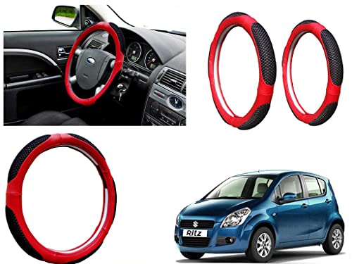 Image of Microfiber Car Steering Wheel Cover, Soft Padding Great Hand Feel, Anti-Slip, Faux Leather Steering Cover for Maruti Suzuki Ritz Type1 | Black Red Jali - Pack of 1
