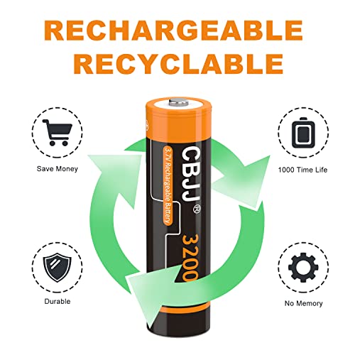 CWUU 3.7V 18650 Rechargeable Battery, 3200mAh Battery for Flashlights, Doorbells, Headlamps & More, Button Top, 4 Pack, 240719