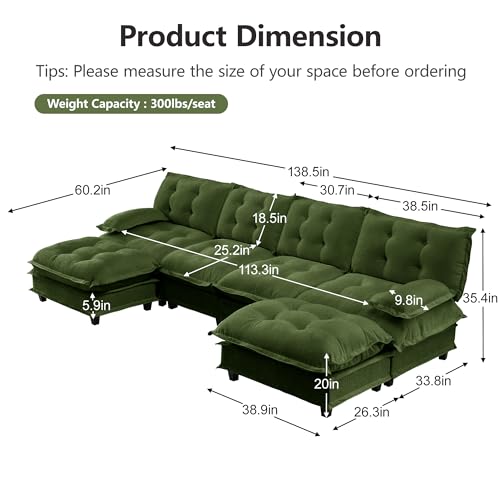 Image of 139 inch Sectional Sleeper Sofa with Ottoman, U Shaped Modular Deep Seat Couches for Living Room Apartment, Flexible Module Combination Cloud Sofa with Spring Support, Easy Assembly, Dark Green