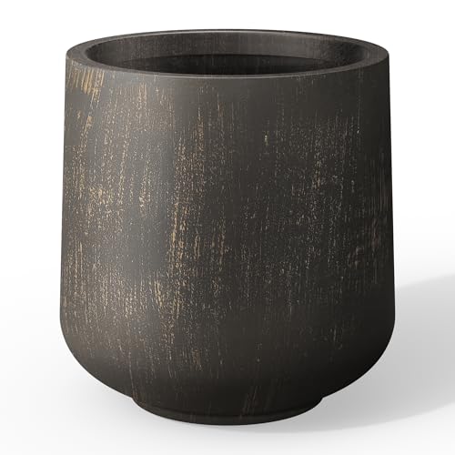 Image of Kante Large Round Curved Vintage BRN Concrete Planter 16.5 inch Dia, Outdoor | Rubber Plug for Indoor, Drainage for Garden, All-Weather Cement Tree Pot, Handcrafted, Anti-Frost & UV, Modern Home Decor