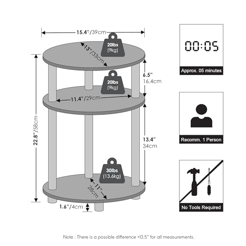 Furinno Turn-N-Tube 3-Tier Oval Night Stand, Toolless Assembly Narrow Nightstand, Modern Compact Side Table, End Table, for Living Room, Bedroom, Espresso - image 3