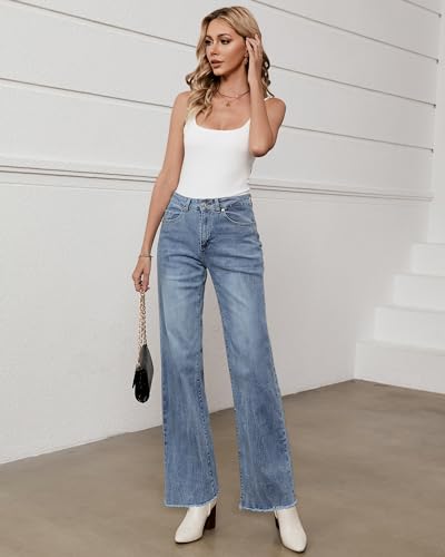Image of GRAPENT Straight Leg Jeans for Women High Waisted Stretchy Frayed Raw Hem Loose Denim Pants Casual Baggy Jean Trousers