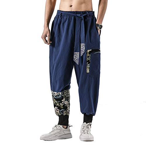 Seidarise Men's Linen Harem Pants Casual Baggy Cotton Solid Color Loose Frog Button Elastic Waist Pocket