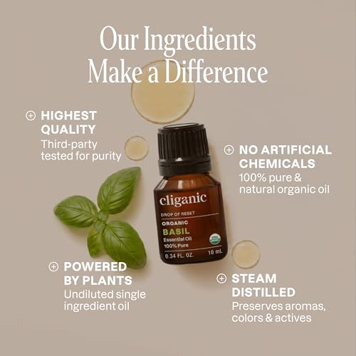 Image of Cliganic Organic Basil Essential Oil, 100% Pure Natural for Aromatherapy | Non-GMO Verified