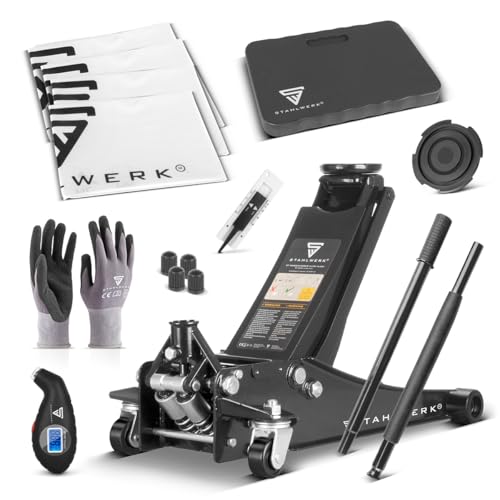 STAHLWERK Reifenwechsel-Set extra Flacher Hydraulischer Rangierwagenheber mit Reifendruckmesser Reifenprofil-Tiefenmesser Kniekissen Handschuhen 4 Ventilkappen 4 Reifenschutzhüllen WHF-73 ST