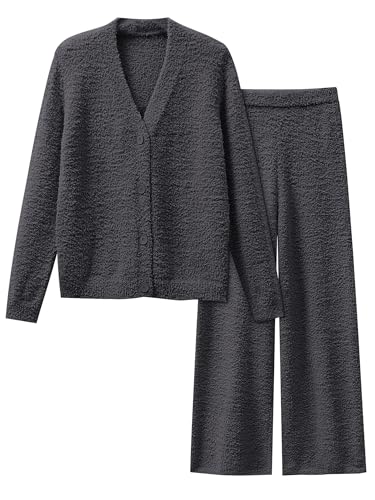 ANRABESS Women Pajama Lounge Sets Fuzzy Fleece 2 Piece Outfits Long Sleeve Cardigan Wide Leg Pants 2025 Fall Comfy Loungewear