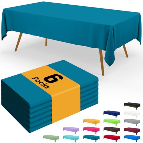 Image of Smiry Disposable Table Cloth - 6 Pack, 54 x 108 Inch Waterproof Rectangle Tablecloths for Parties, Decorative Plastic Table Cover, Leakproof & Sturdy, Aqua