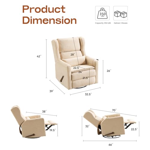 Image of Swivel Rocker Recliner Chair with Adjustable Headrest,Rocking Chair Nursery with Lumbar Support, Manual Glider Rocker Recliner with Cup Holder and Side Pockets, Beige