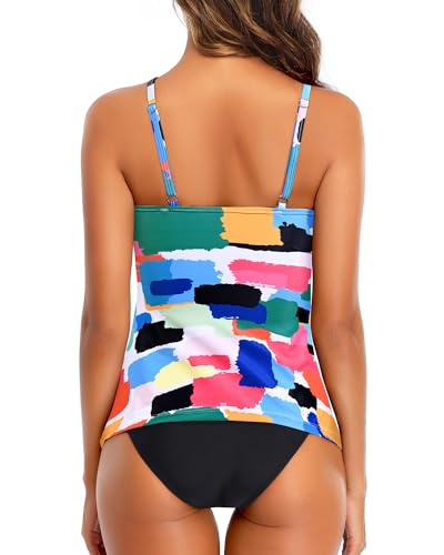 Image of Tempt Me Two Piece Tankini Swimsuit for Women High Neck Ruched Tummy Control Top with Bottom Bathing Suits