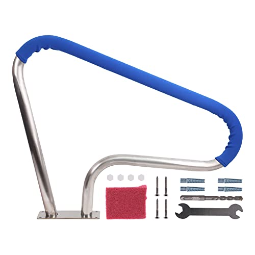 39\" L x 32\" H Swimming Pool Handrails for Inground Pools, 304 Stainless Steel Load Capacity 385 Lbs Pool Handrail with Blue Handle Covers and Quick Install Fittings
