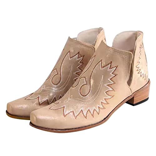 Hbeylia Western Cowgirl Cowboy Boots For Women Ladies Ethnic Boho Vintage Leather Round Toe Chunky Block Mid Heels Slip On Ankle Booties Casual V Cut Dress Short Boots For Christmas Party Decoration3
