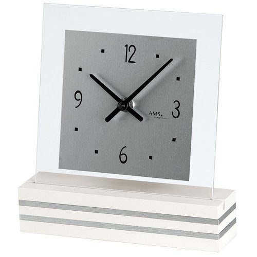 Preisvergleich Produktbild AMS Tischuhr 1108 Quarz weiß lackierter Holzsockel mit Aluminium-Applikation