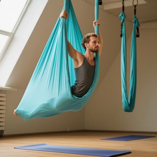 Aerial Yogatuch 280x150cm Yoga-Set für Erwachsene, Yoga Hängematte zum Aufhängen Aerial Yogas Set für drinnen und draußen 200 kg Belastung,inkl. Kompletter Installationshardware für Fitness（Blau-Grün）