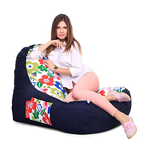 Image of Style Homez Urban Design Denim Canvas Floral Printed Chair Bean Bag XXL Size Filled with Beans Fillers