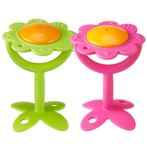 Image of Innobaby Original Teethin' Smart EZ Grip Flower Teether Rattle and Sensory Toy for Babies and Toddlers (2 Pack Green /Pink). BPA Free Teether