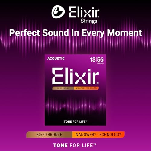 Image of Elixir Strings, Acoustic Guitar Strings, 80 /20 Bronze with NANOWEB Technology, Longest-Lasting Bright and Focused Tone For Life with Comfortable Feel, 6 String Set, Medium 13-56