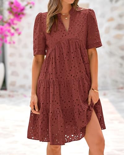 Image of BTFBM Womens Boho Summer Dresses 2026 Spring V Neck Short Sleeve Hollow Out Lace Ruffle Casual Beach Mini Vacation Dress