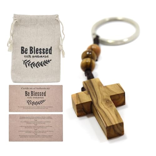 Olive Wood Cross Car Keychain Rosary - Wooden Rosary Beads for Faith Hope & Charity