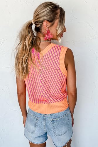 Image of MARZXIN Women Sleeveless Sweater V Neck Casual 2026 Fall Knitted Chevron V Neck Sweater Vest Color Block Pullover Sweater Top