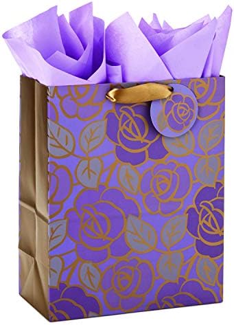 Hallmark 13" Large Gift Bag with Tissue Paper (Purple Flowers, Gold Accents) for Birthdays, Mother's Day, Bridal Showers, Weddings, Retirements, Anniversaries, Engagements, Any Occasion