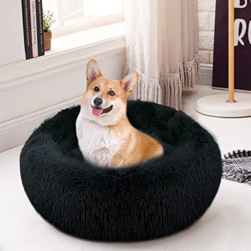 OKPOW Donut Hundebett Fuer Mittelgroße Hunde: Flauschig Welpenbett Rund Kuscheliges - Anti Angst Katzenbett Comfy - Plüsch Haustierbett Waschbar