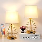 Set of 2 Touch Control Table Lamp White&Gold, 3-Way Dimmable Bedside Lamps with USB& Type C Ports, F