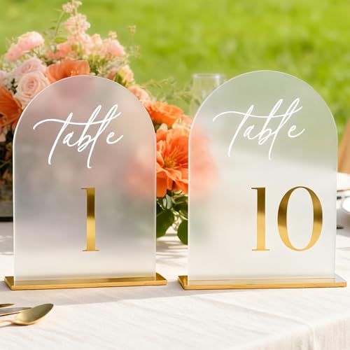 Frosted Wedding Table Numbers 1-10 with Stands, Elegant Gold 3D