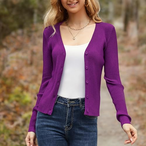 Image of Women's Long Sleeve Ribbed Knit V Neck Button Down Slim Fitted Cropped Cardigan