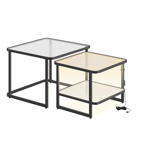 VASAGLE Table Basse, Lot de 2 Tables de Salon Gigognes avec LED, Table Basse Carrée Moderne, Verre Givré, Étagère Inférieure, pour Salon, Chambre, Bureau, Blanc Nuage et Noir d'encre LCT246B01